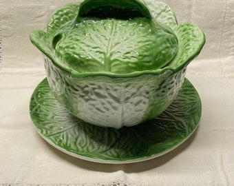 Portugal CABBAGE Ware signed John Buck #501 Large Leaf Lidded Soup Tureen & Under Plate~ VintageP ortugal Majolica Style Green White Ceramic