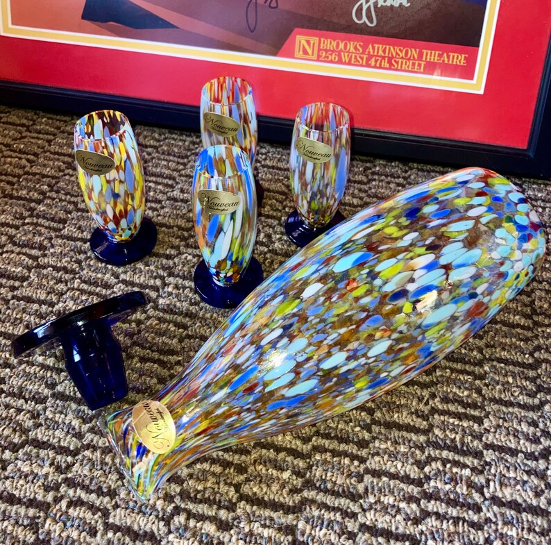 Colorful confetti, Murano style hand blown Liqueur decanter set Wine Carafe, Small glasses, set of 4 Colorful Glass Italian Barware image 3