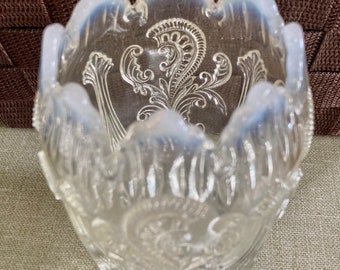 Northwood Duggan inverted Fan Feather Opalescence, embossed vase, 4.5” Antique early 1900’s EAPG