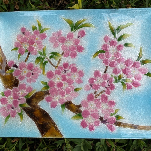 Beautiful pink dogwood tray by Tutanka~ Amazing Japanese Cloisonne Enamelware and Glass~ Asian Decor Rectangular Plate