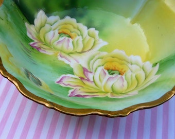 Rare Nogoya 1915- 1925 Antique porcelain Hand Painted Cabinet Bowl~ Old Large Lotus Serving Bowl Decor~ Japan I.E.C & Co~  Green Wreath Mark