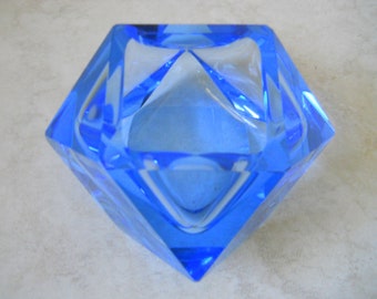Sale~ Vintage Flavio Poli Murano Faceted Sommerso Facet Block Cut Glass Ashtray~ 1960s Alessandro Mandruzzato Blue Cigarette Bar Glass Dish
