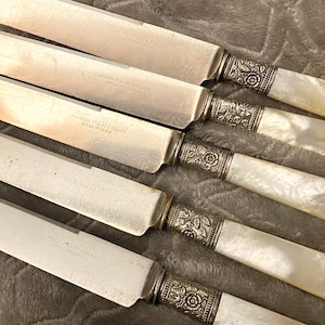 1890s Mother of Pearl Handle Knife set by Landers Frary and Clark Aetna Works, Sterling Band, round tips dessert knives Beautiful Vintage image 1