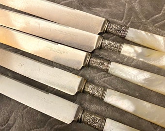 1890s Mother of Pearl Handle Knife set by Landers Frary and Clark~ Aetna Works, Sterling Band, round tips dessert knives~ Beautiful Vintage