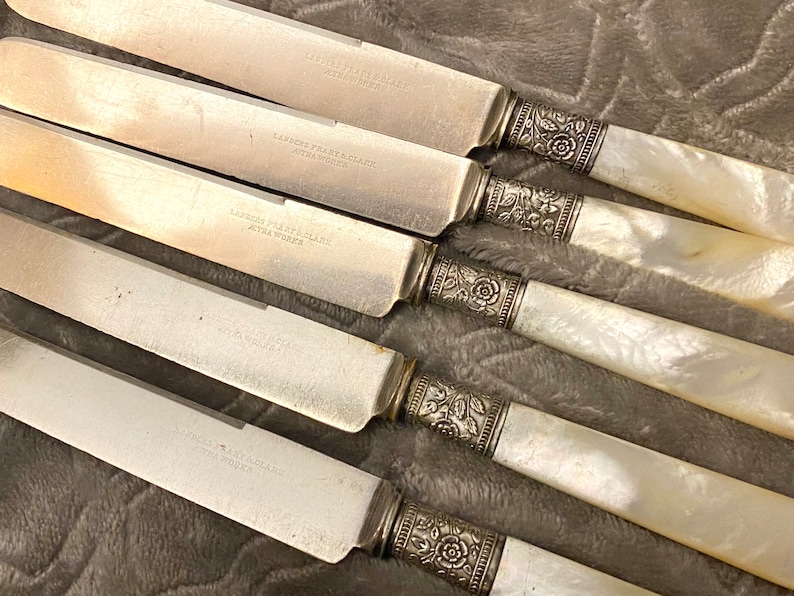 1890s Mother of Pearl Handle Knife set by Landers Frary and Clark Aetna Works, Sterling Band, round tips dessert knives Beautiful Vintage image 1