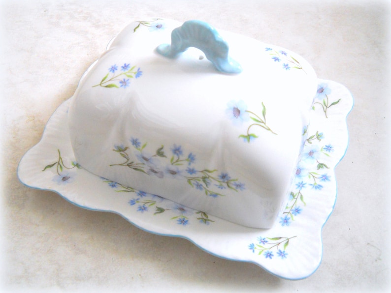 Antique Shelley Blue Rock Pattern Covered Butter Dish~ Made in England Number 13591~ Sweet Shabby Chic China~ Blue Floral Fine Bone China