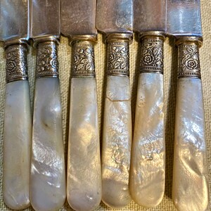 1890s Mother of Pearl Handle Knife set by Landers Frary and Clark Aetna Works, Sterling Band, round tips dessert knives Beautiful Vintage image 9