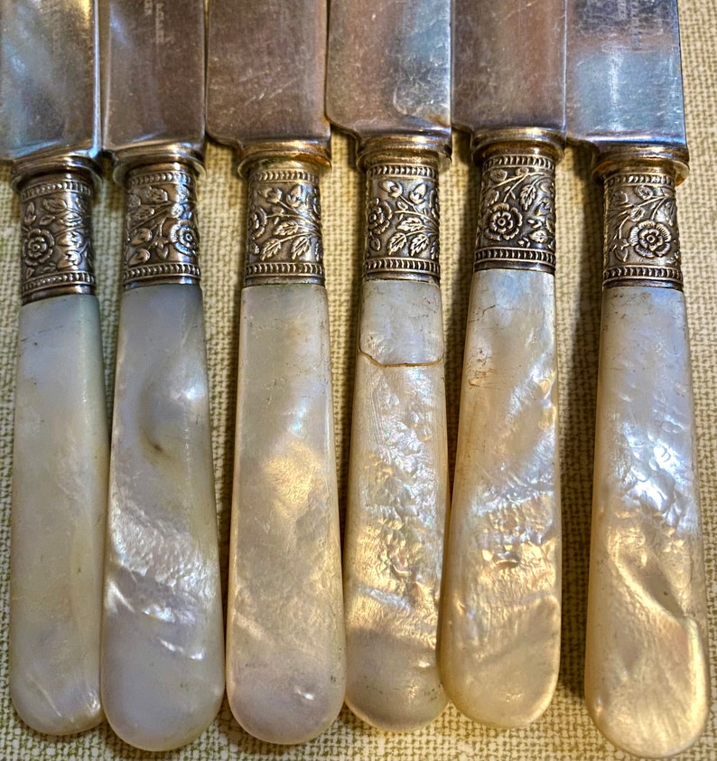 1890s Mother of Pearl Handle Knife set by Landers Frary and Clark Aetna Works, Sterling Band, round tips dessert knives Beautiful Vintage image 9