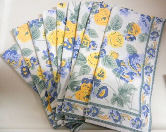 Set of 9 French Floral Garden Printed Napkins~ Vintage Country Cottage Blue Yellow Table Linens~Shabby Chic Tea Party Lucheon Fabric Napkins