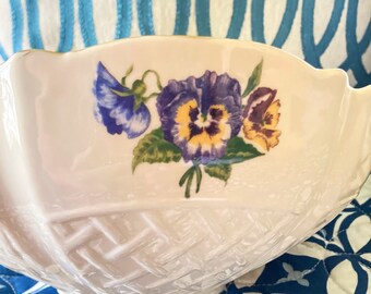 Belleek Pansy Bowl~ Irish Cream Porcelain China, molded ribbon and bow~ Pattern Enchanted Garden purple yellow pansies