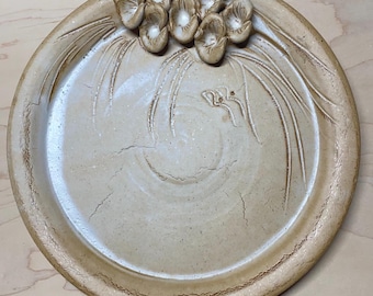 12” Studio Art Pottery Plate ~Earth Tones, raised pinched flowers~ Stoneware Serving Platter ~texture round plate, washed glaze earthenware