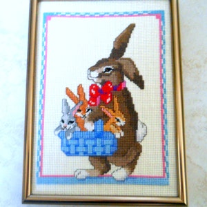 Easter Cross Stitch 5x8 Framed Bunny - Rabbit Decor~ Hand Embroidery Easter Decor Wall Hanging gold frame~