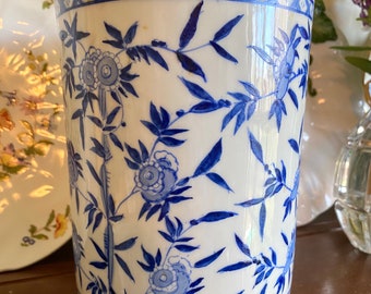 Vintage Canister Planter in Blue & White Floral Design ~Glazed Oriental Chinese Porcelain, Handpainted Decor~ Jar, Vase, Pot, Utensil Holder
