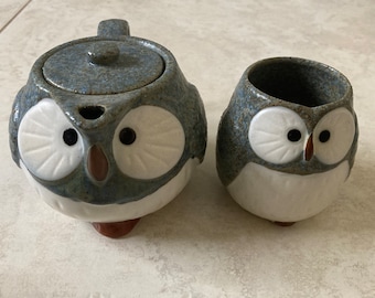 Japanese Pottery Tea Pot & Cup set~ Owl Kitchen Drinkware~ Yunomi Chawan, Gray White Owl Decor~ Stone Charcoal Color ~Japan Mino Ware