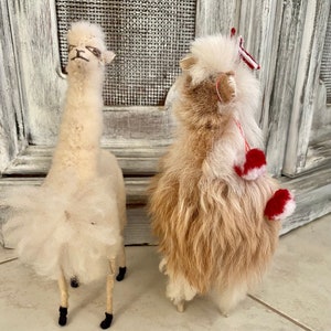 2 Llamas Super Fluffy Real Soft Fur Handmade Long Neck Alpacas Standing with Peruvian Details Stuffed Animals, from Peru image 7