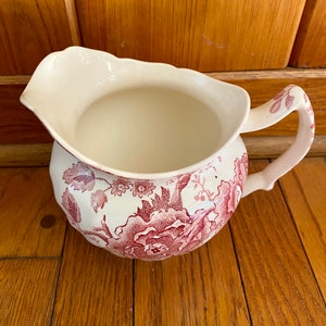 English Chippendale Johnson Bros. 24oz. Pink Red Flowers Pitcher England 1935-65 Garden Transferware for a Floral Countryside Tea Party image 4