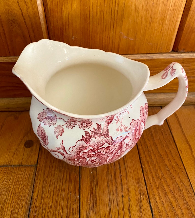English Chippendale Johnson Bros. 24oz. Pink Red Flowers Pitcher England 1935-65 Garden Transferware for a Floral Countryside Tea Party image 4
