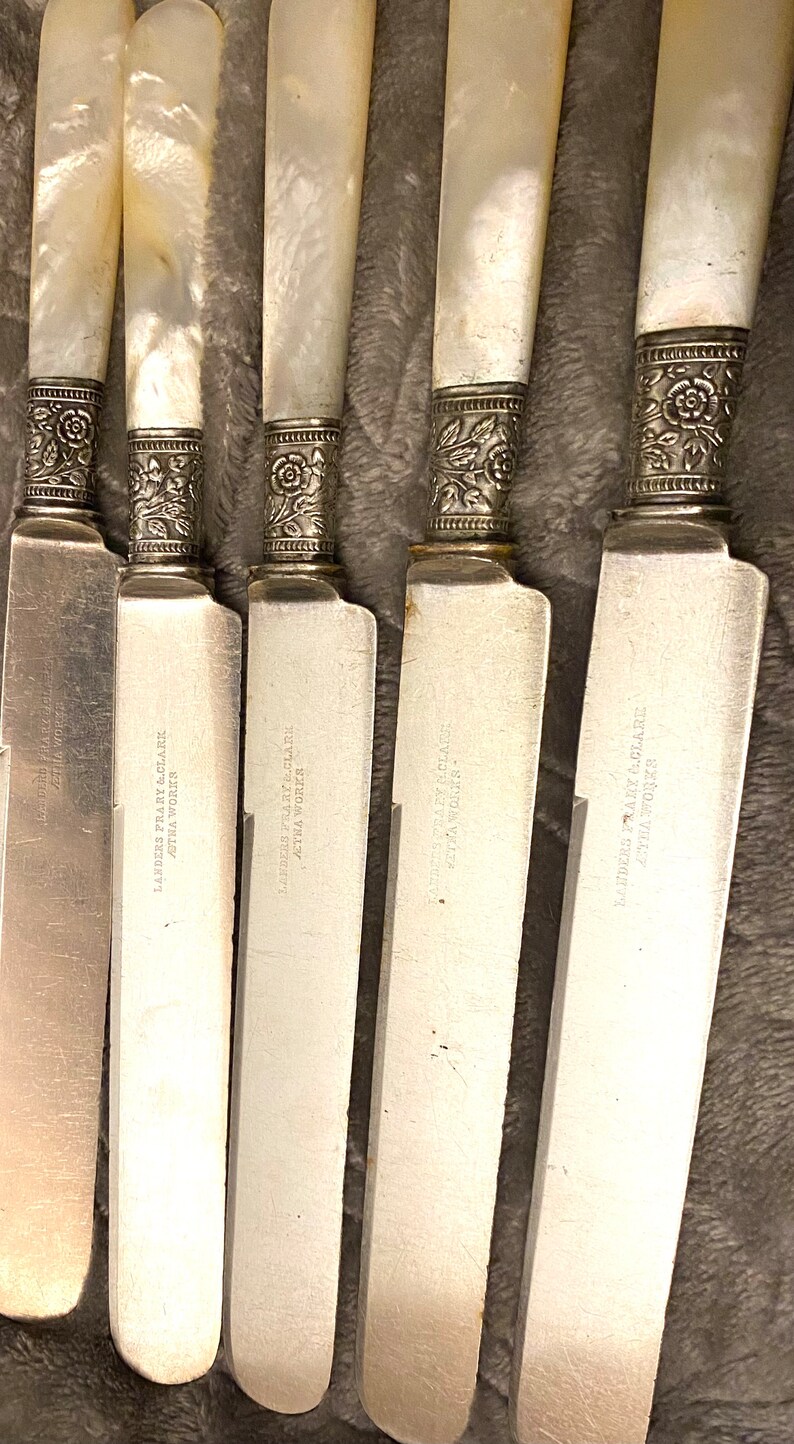 1890s Mother of Pearl Handle Knife set by Landers Frary and Clark Aetna Works, Sterling Band, round tips dessert knives Beautiful Vintage image 3