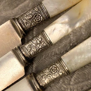 1890s Mother of Pearl Handle Knife set by Landers Frary and Clark Aetna Works, Sterling Band, round tips dessert knives Beautiful Vintage image 7