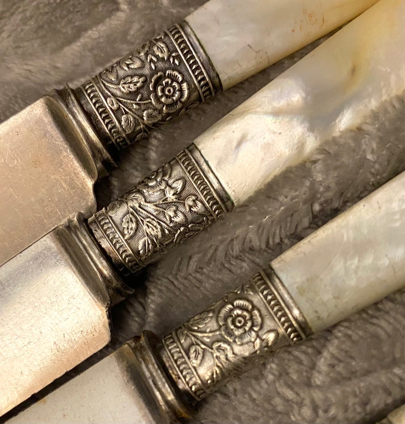 1890s Mother of Pearl Handle Knife set by Landers Frary and Clark Aetna Works, Sterling Band, round tips dessert knives Beautiful Vintage image 7
