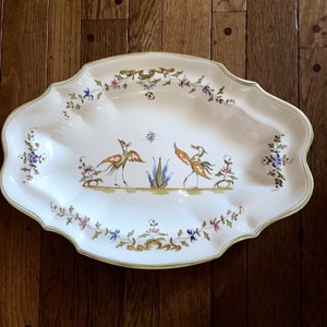 19” Large Oval French Platter Stunning Faience Hand-Painted With Flowers, Crane,  Moustiers Style Wallhang Plate~  Beautiful Colors~ Signed