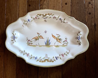 19” Large Oval French Platter Stunning Faience Hand-Painted With Flowers, Crane,  Moustiers Style Wallhang Plate~  Beautiful Colors~ Signed
