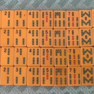 May include: A set of thirty-six rectangular orange mahjong tiles arranged in a grid. Each tile features engraved markings including numbers one through nine, bamboo patterns, and bird illustrations in black, red, and green ink colors.