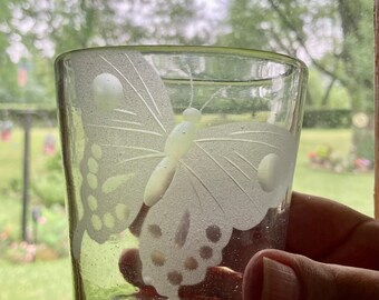 Sale~ 6 Engraved Butterfly Frosted Double Old Fashioned Glasses~Fancy Barware Botanical Set of 6 Cocktail Clear Glassware, Ice Tea Drinkware