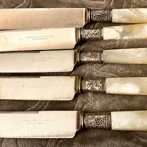 1890s Mother of Pearl Handle Knife set by Landers Frary and Clark Aetna Works, Sterling Band, round tips dessert knives Beautiful Vintage image 4