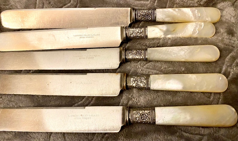1890s Mother of Pearl Handle Knife set by Landers Frary and Clark Aetna Works, Sterling Band, round tips dessert knives Beautiful Vintage image 4