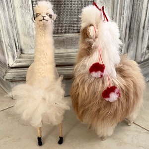 2 Llamas Super Fluffy Real Soft Fur Handmade Long Neck Alpacas Standing with Peruvian Details Stuffed Animals, from Peru image 5