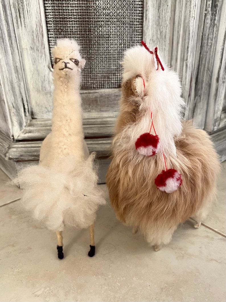 2 Llamas Super Fluffy Real Soft Fur Handmade Long Neck Alpacas Standing with Peruvian Details Stuffed Animals, from Peru image 5
