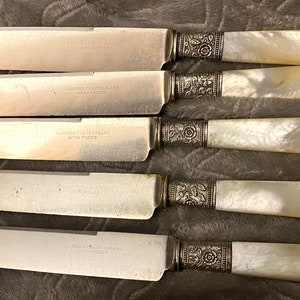 1890s Mother of Pearl Handle Knife set by Landers Frary and Clark Aetna Works, Sterling Band, round tips dessert knives Beautiful Vintage image 2