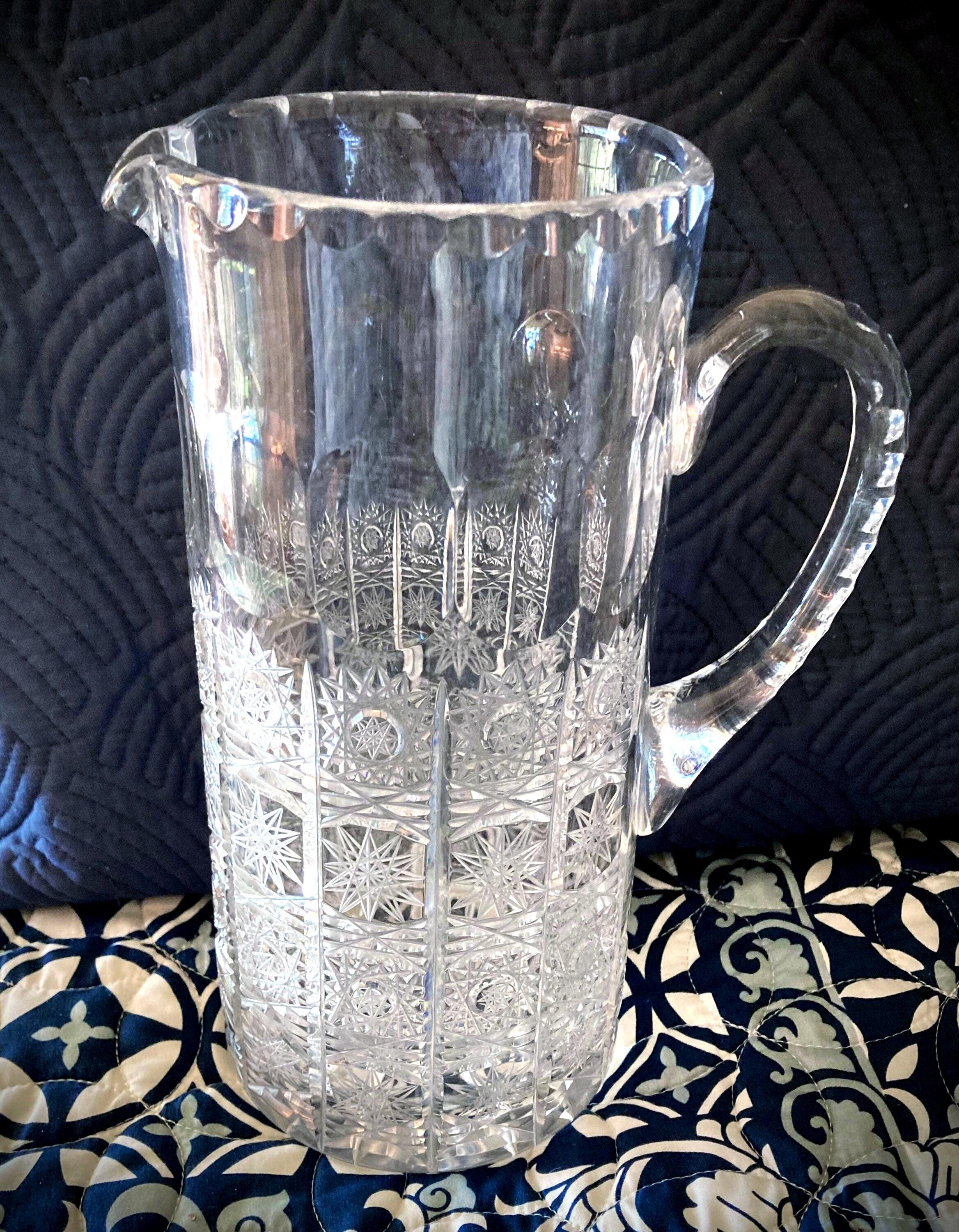 Sale~ Antique American Brilliant Period Heavy Cut 1920S Abp Sawtooth Handle Pitcher~ Special Gift, Elegant Rare Clear Glass Circa