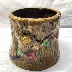 Majolica Planter Cachepot~ Vintage Glazed Jardinière Cache Pot - Tree Stump, Brown Twigs, Raised Mauve, Green, Ochre Fall Leaves~ Plant Vase