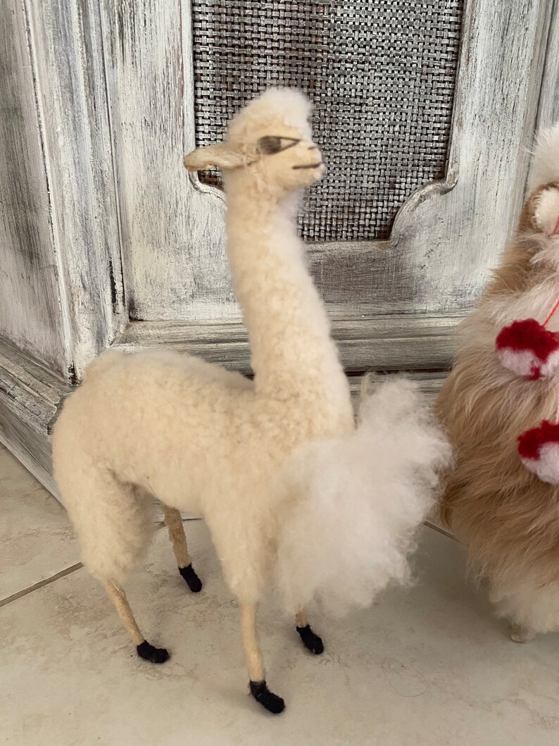 2 Llamas Super Fluffy Real Soft Fur Handmade Long Neck Alpacas Standing with Peruvian Details Stuffed Animals, from Peru image 4