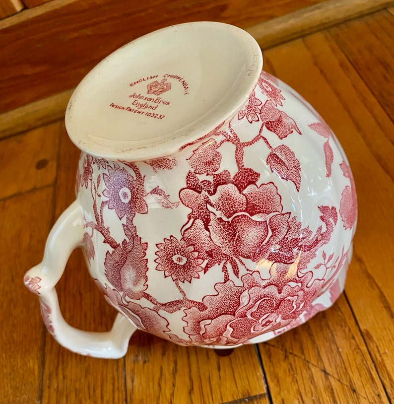 English Chippendale Johnson Bros. 24oz. Pink Red Flowers Pitcher England 1935-65 Garden Transferware for a Floral Countryside Tea Party image 7