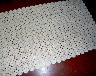 50" x 33" Medallion Crocheted Tablecloth~ Table Topper Vintage Handmade Weighted Thick Embroidery~ French Dessert Table Wedding Linen~