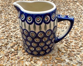 Vintage Boleslawiec Polish Pottery Pitcher: Hand-Painted Peacock Design