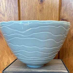 Robins egg blue glazed vintage Handmade Porcelain Wave Bowl~ porcelain display modern beehive style~ Signed Studio Art Pottery, size 10"