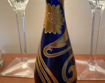 Antique Art Nouveau Cobalt Blue Glass 14k Gold Paint, White Embossed HighlightsHand Blown, Henry Martin, Rare Glass Collectible Small Vase