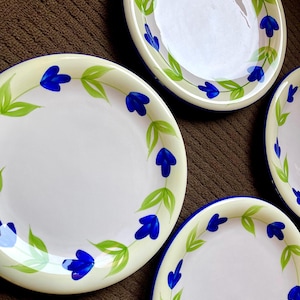 Set of 8 Dansk Verona Dinner Plates 12” danish plates~  Vintage ceramic stoneware w/ royal blue flowers, green leaves, pale yellow rim, EVC
