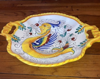 13” double handle Raffaellesco Deruta Ceramiche Dragon Scalloped Handled Pasta Bowl~ Hand Painted Excellent Condition, Italy