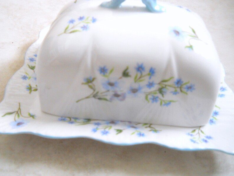 Antique Shelley Blue Rock Pattern Covered Butter Dish~ Made in England Number 13591~ Sweet Shabby Chic China~ Blue Floral Fine Bone China