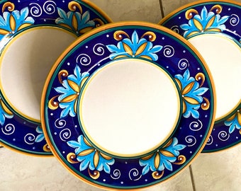 Individual Vintage Deruta Italian Majolica Cobalt ,Yellow,White Pottery 11.5” Charger Dinner Plates~ Hand Painted Excellent Condition, Italy