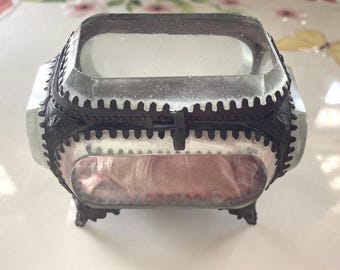 Sale~ 35% off Antique 1800s Ormolo French Beveled  Glass Gilt Jewelry Casket Box~  Gold Plate glass with old velvet lining~ Small Vanity Jar