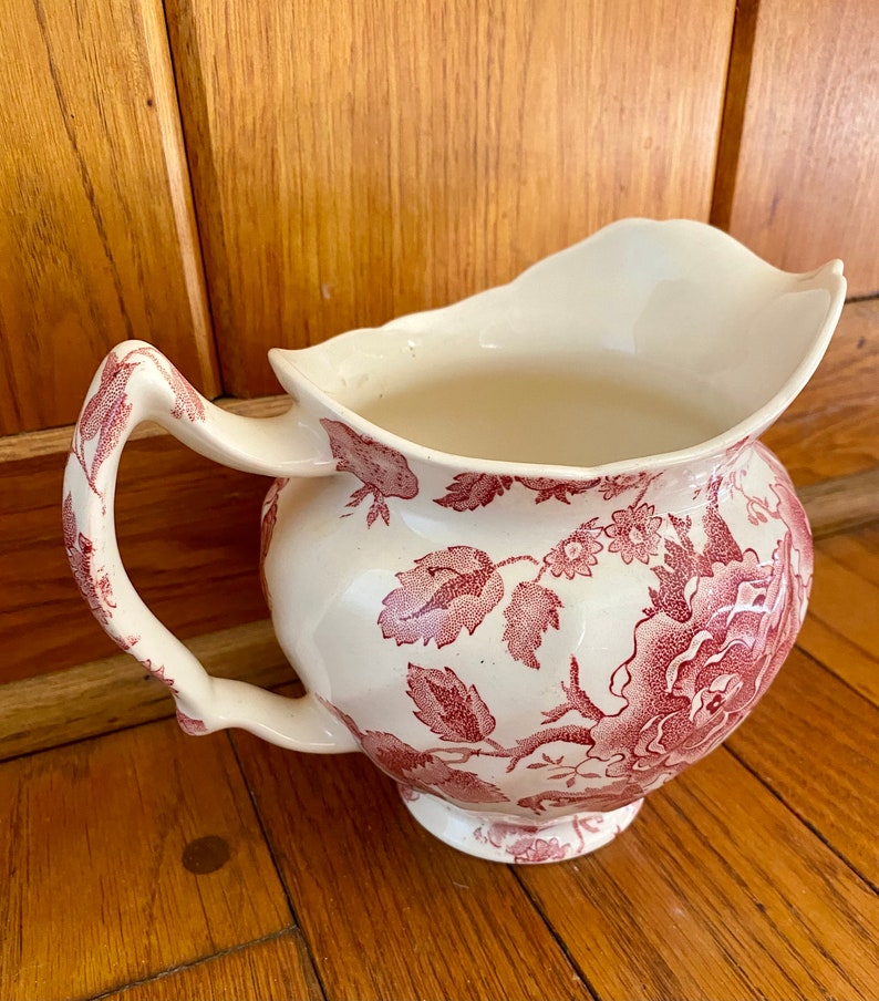 English Chippendale Johnson Bros. 24oz. Pink Red Flowers Pitcher England 1935-65 Garden Transferware for a Floral Countryside Tea Party image 3