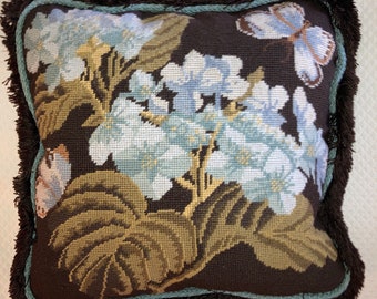 Sale~ 16” Custom Needlepoint Pillow~ Silk Fringe/Cording ~ French Country Display Hand Needlework Toss Pillow ~ Blue Brown Floral Butterfly