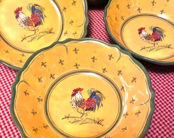 Le Cadeaux Roosters Scalloped Rims, Set of 4  Melamine Marigold Yellow, Rooster Salad Bowls, French Country Decor~ Italian Countryside Decor