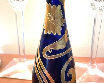 1890s Antique 6” Art Nouveau Austrian/German Cobalt Blue Glass 14k Gold Paint, Embossed, Hand Blown vase, Jugendstil~ collectibles~ Germany